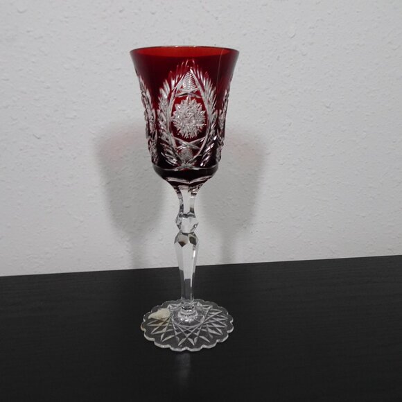 Ruby Red Cut to Clear Crystal Wine Water Goblet European 8.5" Tall Fancy Foot - Picture 9 of 12